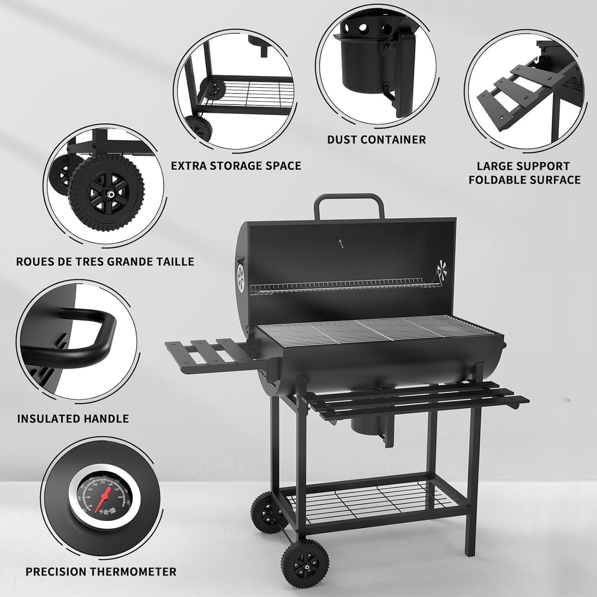 Teeno Grill houtskoolgrill, met XXL-kookrooster met twee planken, verstelbare ventilatie, grillbal, brandbeveiligingshandschoenen, draagbare houtskoolgrill (met doekdeksel)