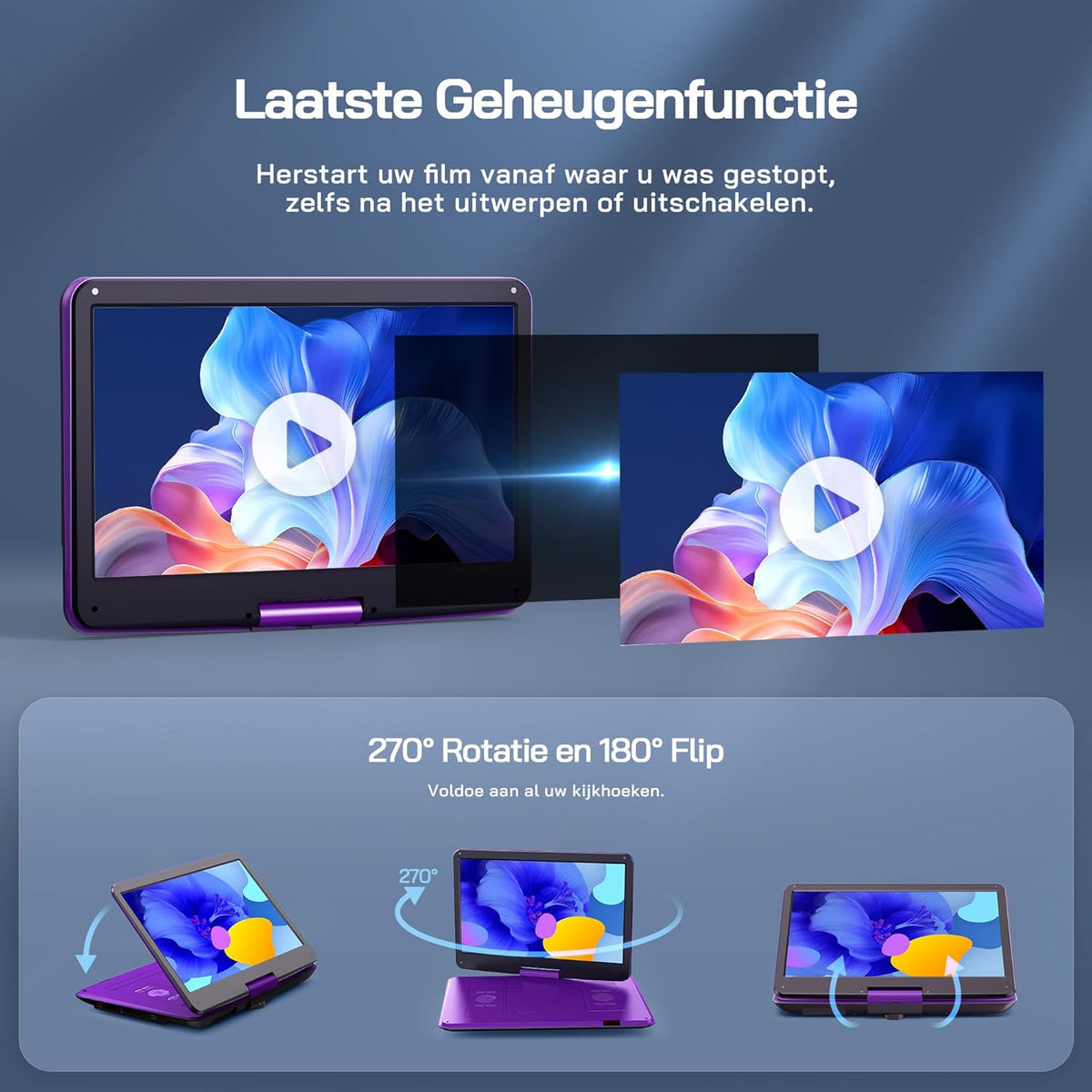 WOLFANG Draagbare dvd-speler met 15,6 inch groot HD-display, 5000 mAh batterij, geen regionale beperking, twee stereoluidsprekers, ondersteunt USB/SD-kaart/sync-tv/projector, lila