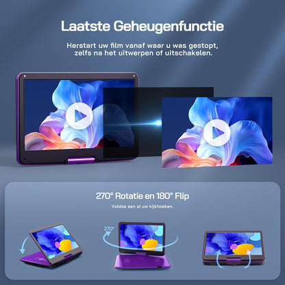 WOLFANG Draagbare dvd-speler met 15,6 inch groot HD-display, 5000 mAh batterij, geen regionale beperking, twee stereoluidsprekers, ondersteunt USB/SD-kaart/sync-tv/projector, lila