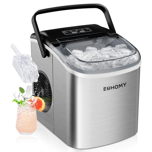 EUHOMY IJsblokjesmachine, 12 kg in 24 uur, 9 ijsblokjes in 8 minuten, roestvrij staal, krachtige ijsmachine met draaggreep, lepel, voor huis/keuken/camping