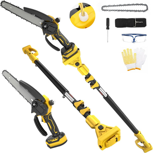 2-in-1 elektrische stangzaag, 8 inch, mini-kettingzaag, draadloos, compatibel met Dewalt 20 V batterij met 2,5 m telescoop, borstelloze kettingzaag voor boomsnoeien, tuinverzorging (zonder accu)