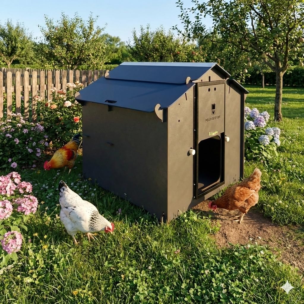 Chicken coop for 12 laying hens with 4 perches, 2 raised nests, POLLY FARM 2XL made of HPL laminate, roundworm-proof, red - QUORE