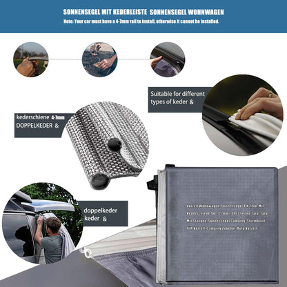 Voortent Caravan Met Rail 4 x 2,4 m (4-7 mm), Zonnezeil, Drie Zijden Tarp Met Stangen, Stormband voor Voortent, Campingaccessoires