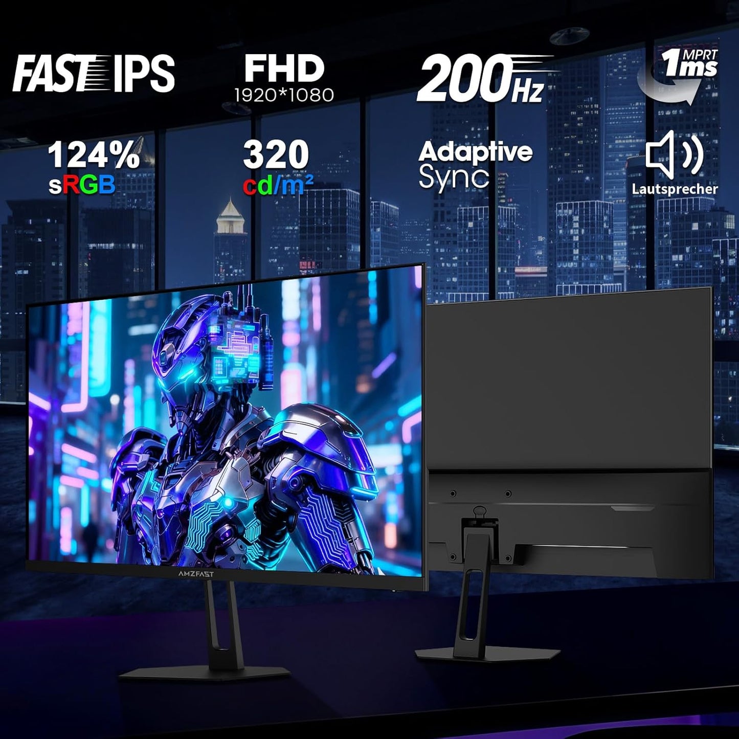 Amzfast 25 inch Gaming Display FHD 1920 x 1080-200Hz, Fast IPS Screen, 1ms MPRT DCI-P3 93%, sRGB 125%(Area), 320cd/m², Built-in Speaker, VESA 75 x 75, HDMI 2.0/DP 1.4 - AMZG25X1 - QUORE