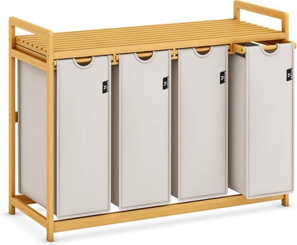 AdealDream Wasmand met bamboeframe 200L 4 vakken uittrekbare en afneembare waszak wasverzamelaar laundry baskets bamboe lichtgrijs-06-19