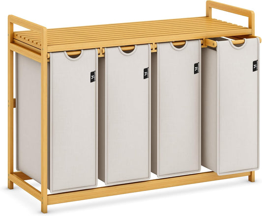 AdealDream Wasmand met bamboeframe 200L 4 vakken uittrekbare en afneembare waszak wasverzamelaar laundry baskets bamboe lichtgrijs-06-19