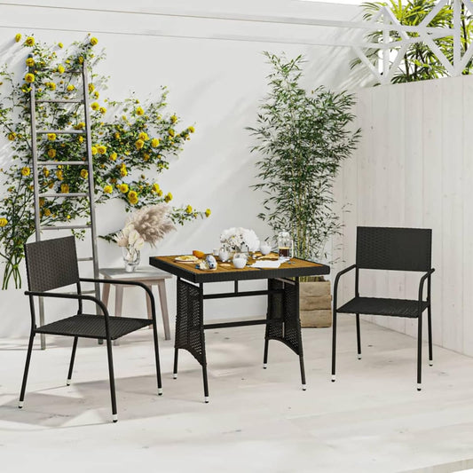 Tidyard 3-Piece Dining Set for Garden Outdoor Dining Room Set Black Poly Rattan Wood Rattan Table and Garden Chairs Set for Table and Chairs Square Wood and 2 Garden Chairs - QUORE