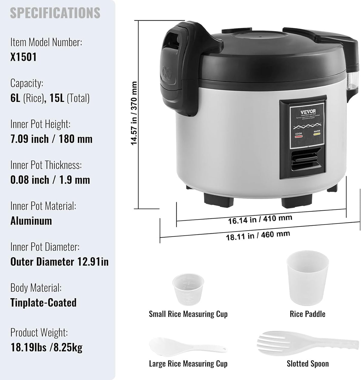 Commerciële Rijstkoker – Elektrische Rijstkoker – Professionele Rijstkoker – Restaurant Rijstkoker – Grote Rijstkoker – 15 Liter Voor 60-70 Personen – Antiaanbak Binnenpan En Warmhoudfunctie Tot 12 Uur