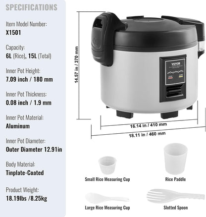Commerciële Rijstkoker – Elektrische Rijstkoker – Professionele Rijstkoker – Restaurant Rijstkoker – Grote Rijstkoker – 15 Liter Voor 60-70 Personen – Antiaanbak Binnenpan En Warmhoudfunctie Tot 12 Uur
