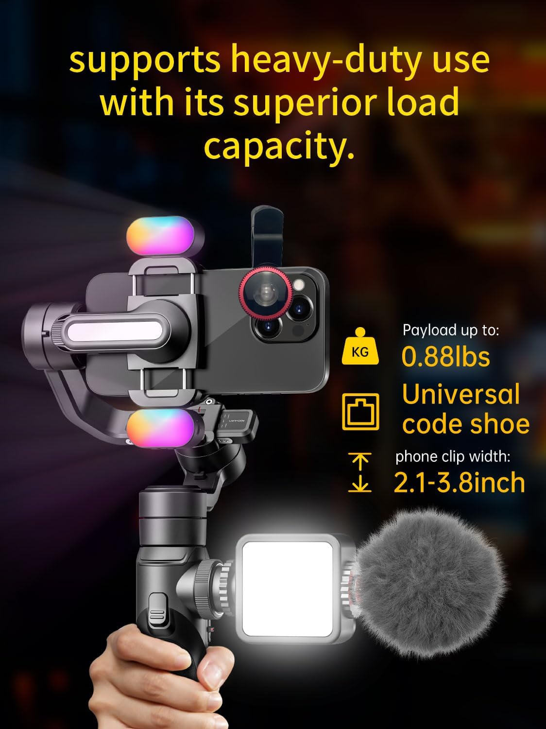 AOCHUAN Gimbal Stabilizer Voor Smartphone Met 8 Inch Verlengstang, 3-Assige Stabilizer Met RGB Magnetisch Vullicht Voor Video-Opname, Compatibel Met iPhone/Android