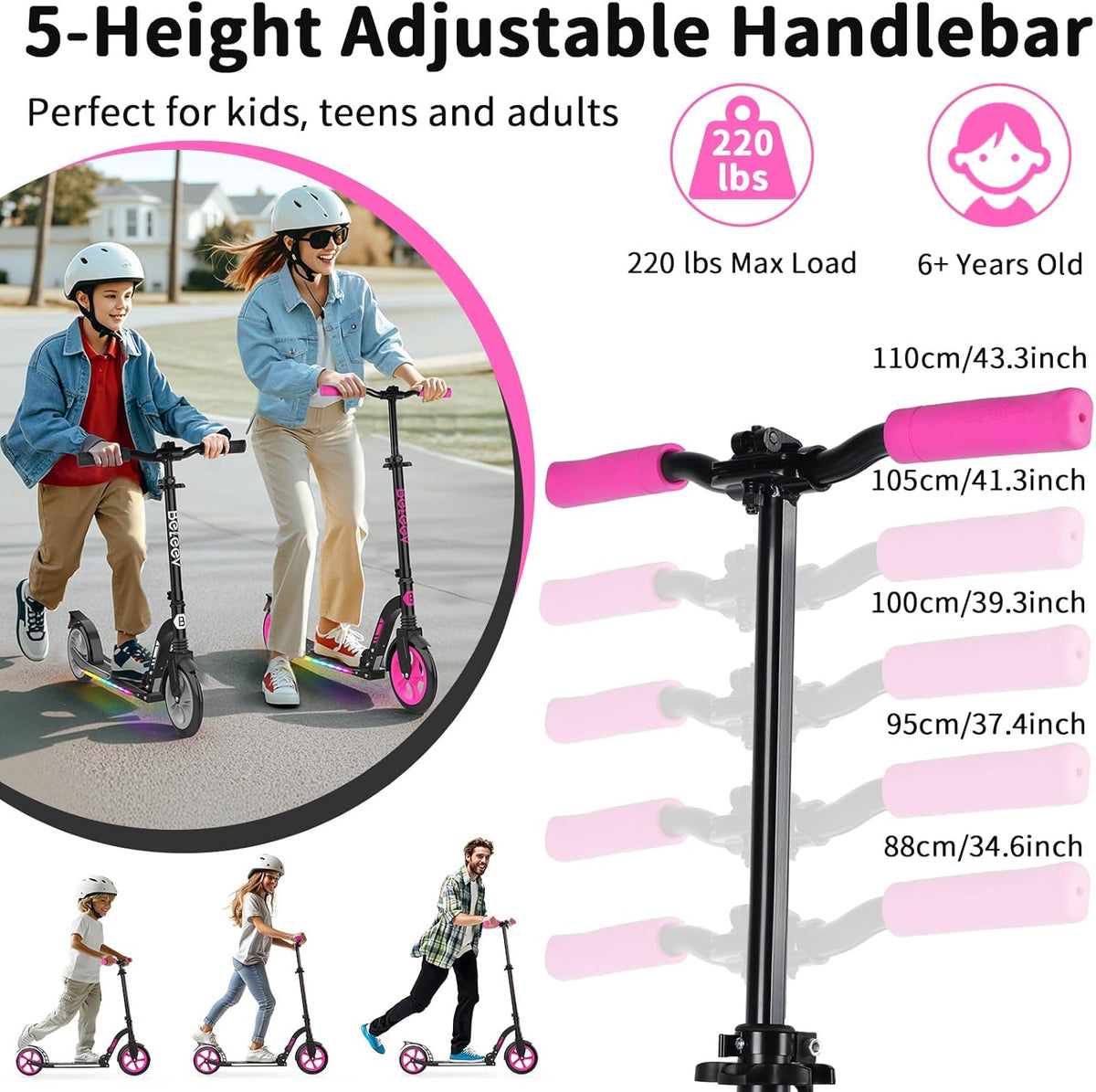 BELEEV V10 Big Wheel Scooter voor kinderen vanaf 6 jaar, met oplichtend dek, opvouwbare scooter met 2 wielen voor volwassenen en tieners, 5 verstelbare hoogte, lichtgewicht sport forenzen scooter met