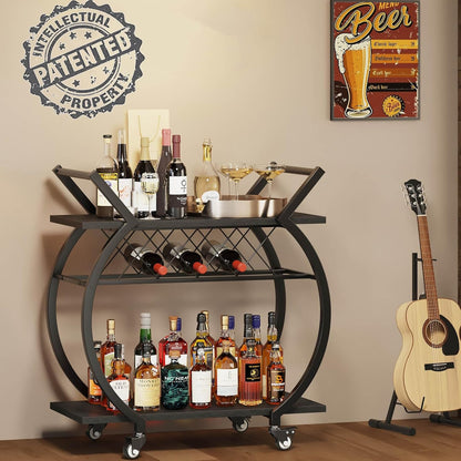 LVB Drankenkar zwart, moderne barwagen, hout en metaal combinatie, 4 draaibare wielen, opbergrek, ideaal voor salon of dining