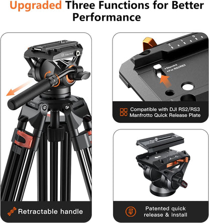 Statief Camera 186 Cm – Camerastatief – Fotostatief – Videostatief – Driepootstatief – 360° Draaibaar & +90°/-75° Kantelbaar – 10 Kg Draagvermogen