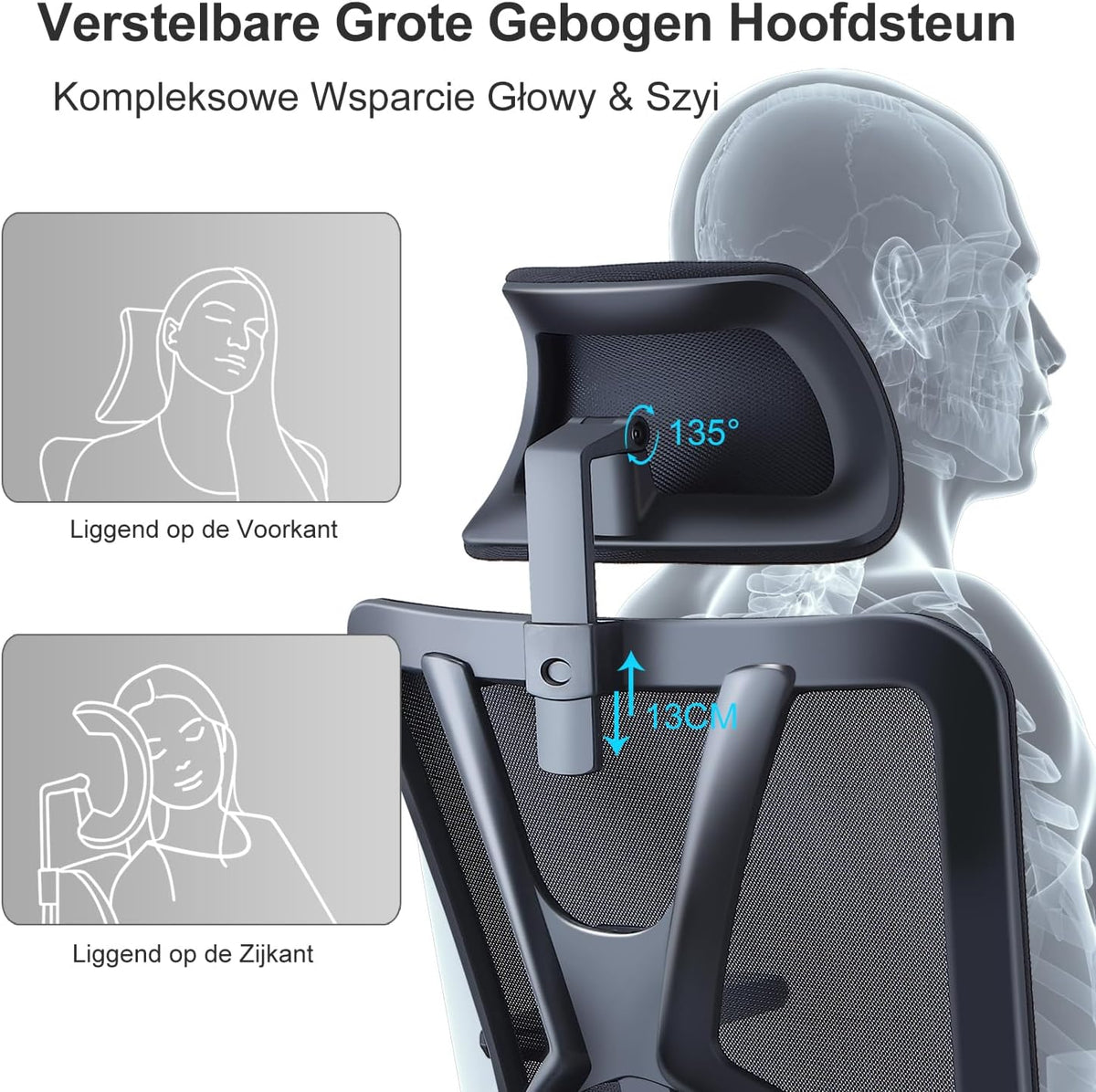 Ticova Ergonomische Bureaustoel - Hoge Rug Bureaustoel met Verstelbare Lendensteun, Hoofdsteun en 3D Armleuning - 130° Schommelende Mesh Computerstoel