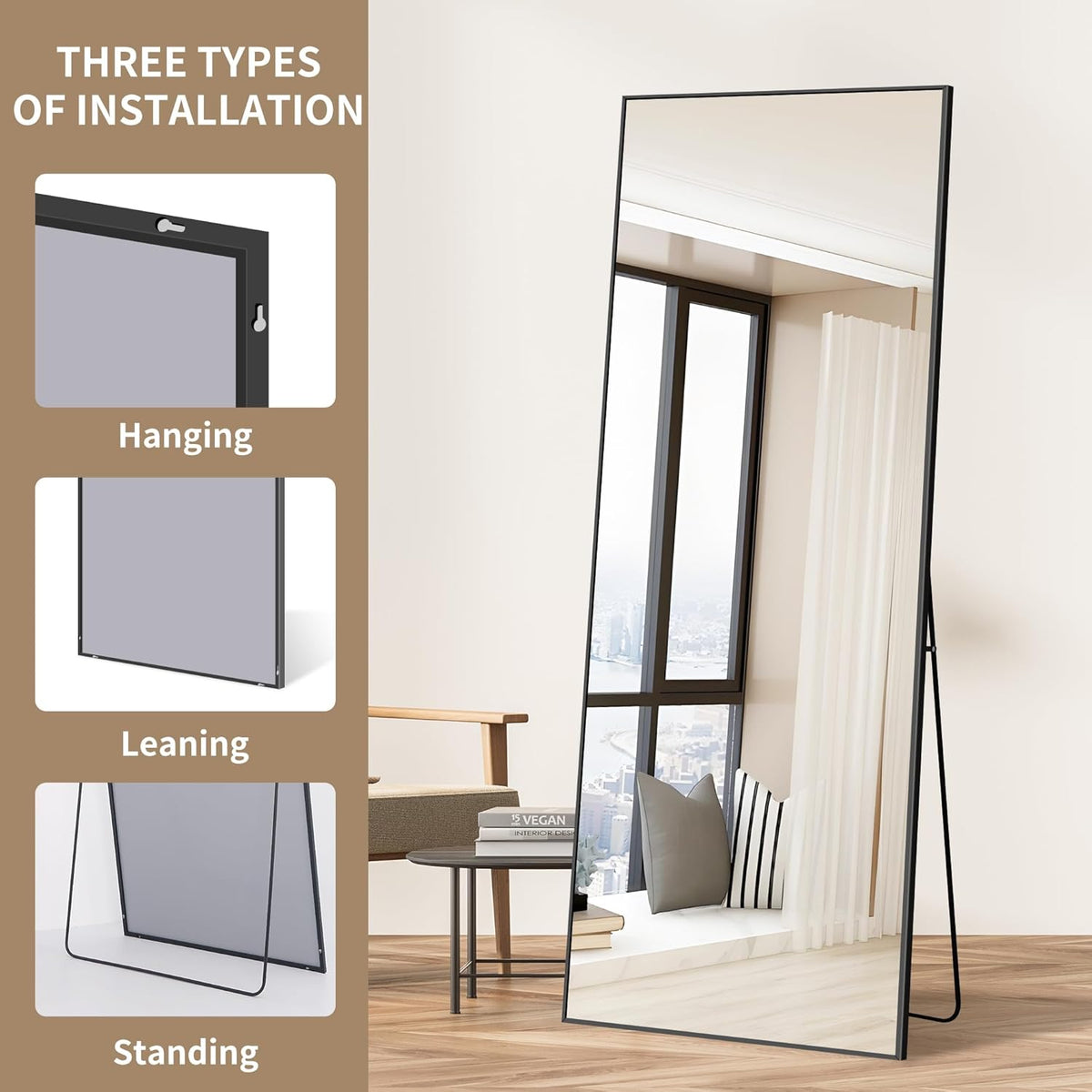 WOLIBEER Volledige spiegel, 165 x 60 cm, wand- en staande spiegel met aluminium frame, zwart, rechthoekige full-body spiegel voor hal, fitness, slaapkamer