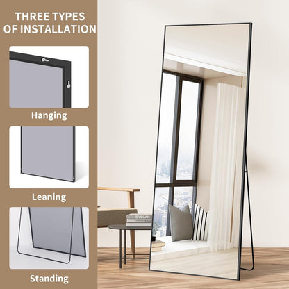 WOLIBEER Volledige spiegel, 165 x 60 cm, wand- en staande spiegel met aluminium frame, zwart, rechthoekige full-body spiegel voor hal, fitness, slaapkamer