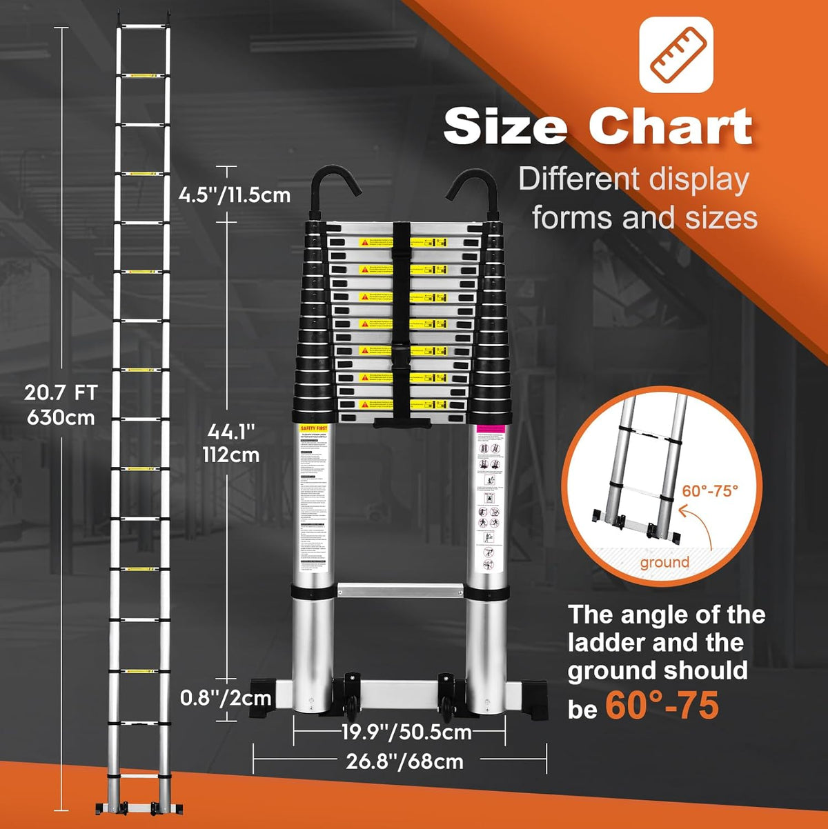 HBTower Telescopische ladder, aluminium, met haken, lichte uittrekbare ladder, uitschuifbare ladder, inklapbare ladder voor zolders, caravans, 150 kg draagvermogen, zilver