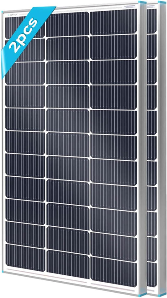 Renogy Zonnepaneel, 100 W, 12 V, zonnepaneel voor camper, verpakking van 2, 100 watt, monokristallijne module voor camper, caravan, camping, off-grid