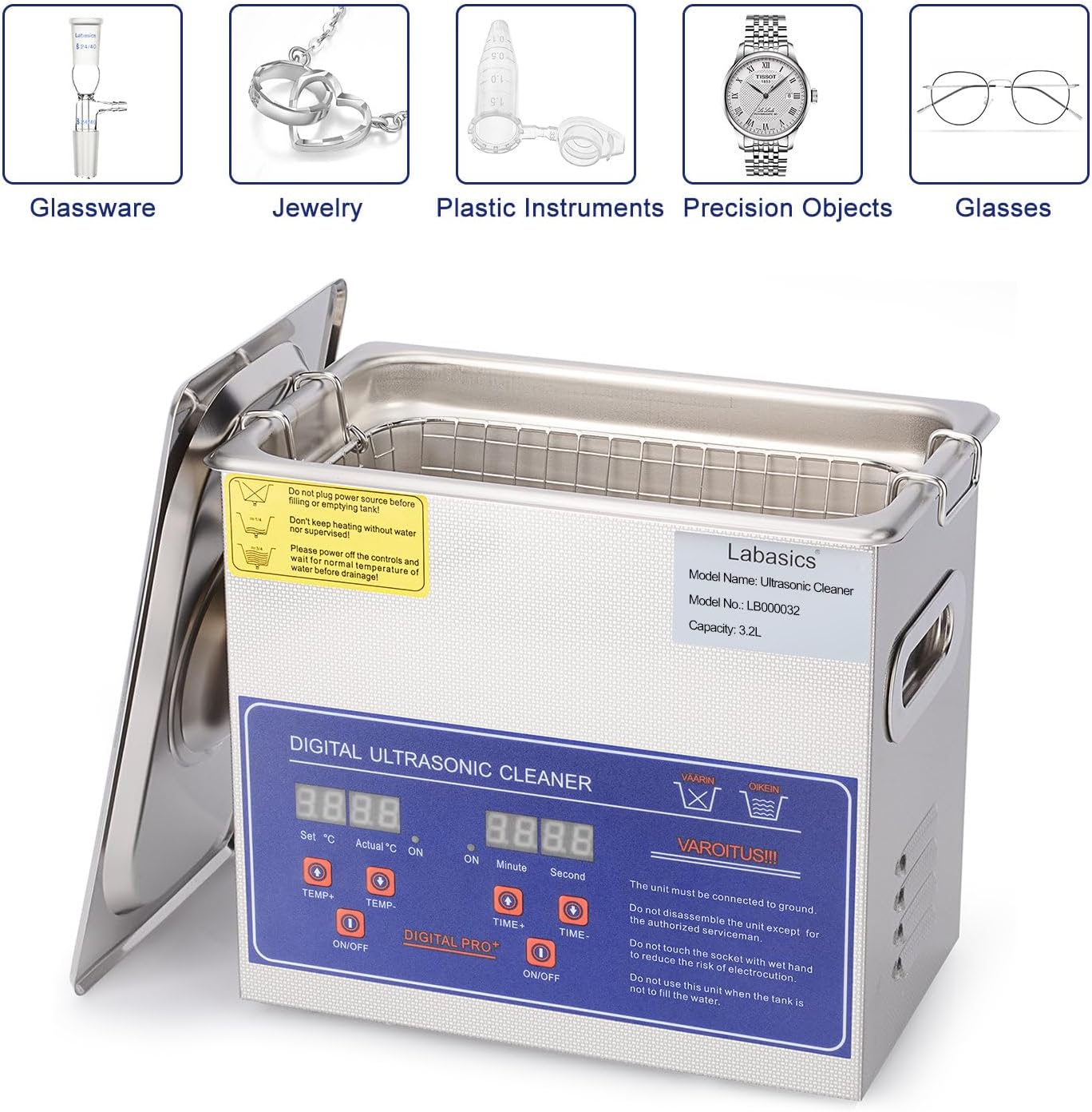 Labasics Ultrasoon Reiniger, Professionele All-purpose RVS Ultrasoon Reiniger met Digitale Display Timer en Warmteregeling voor Laboratorium 220V, 3.2 L