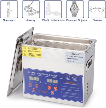 Labasics Ultrasoon Reiniger, Professionele All-purpose RVS Ultrasoon Reiniger met Digitale Display Timer en Warmteregeling voor Laboratorium 220V, 3.2 L