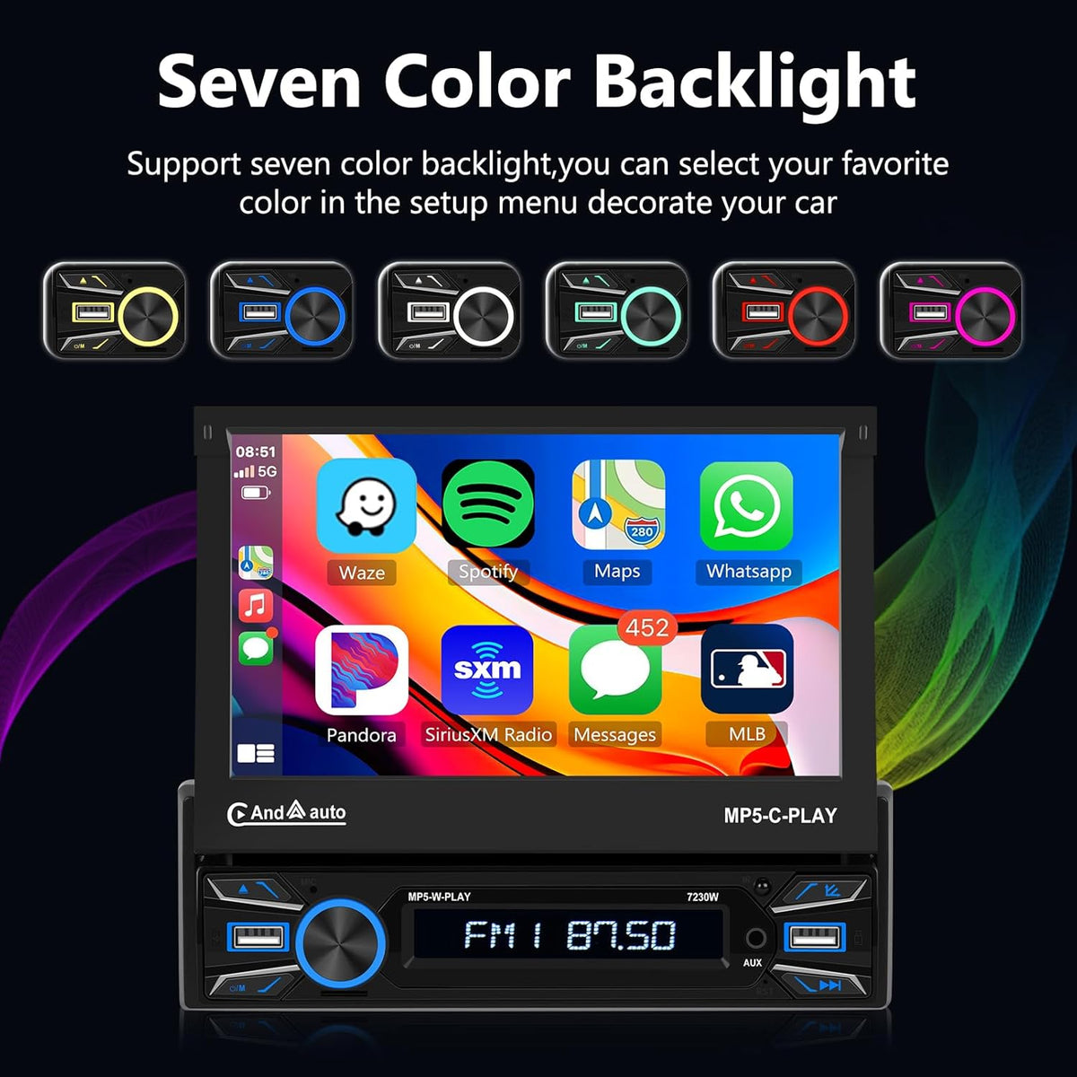 Hodozzy Single Din Car Radio 7 Inch Folding Touch Screen Car Radio With Carplay Android Auto, Car MP5 Player Bluetooth FM Car Radio 1 Din Support Usb/Aux/SWC + Rear View Camera - QUORE