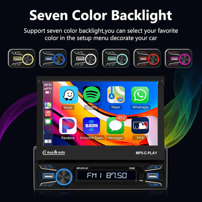 Hodozzy Single Din Car Radio 7 Inch Folding Touch Screen Car Radio With Carplay Android Auto, Car MP5 Player Bluetooth FM Car Radio 1 Din Support Usb/Aux/SWC + Rear View Camera - QUORE