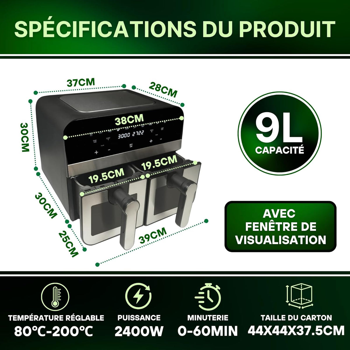 Comfy Nest, CNAFD45WS, 2400 W digitale heteluchtfriteuse met dubbele mand en 9 liter venster, gezond en snel koken, modern design, ideaal voor elke keuken, grijs