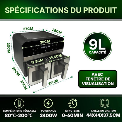 Comfy Nest, CNAFD45WS, 2400 W digitale heteluchtfriteuse met dubbele mand en 9 liter venster, gezond en snel koken, modern design, ideaal voor elke keuken, grijs