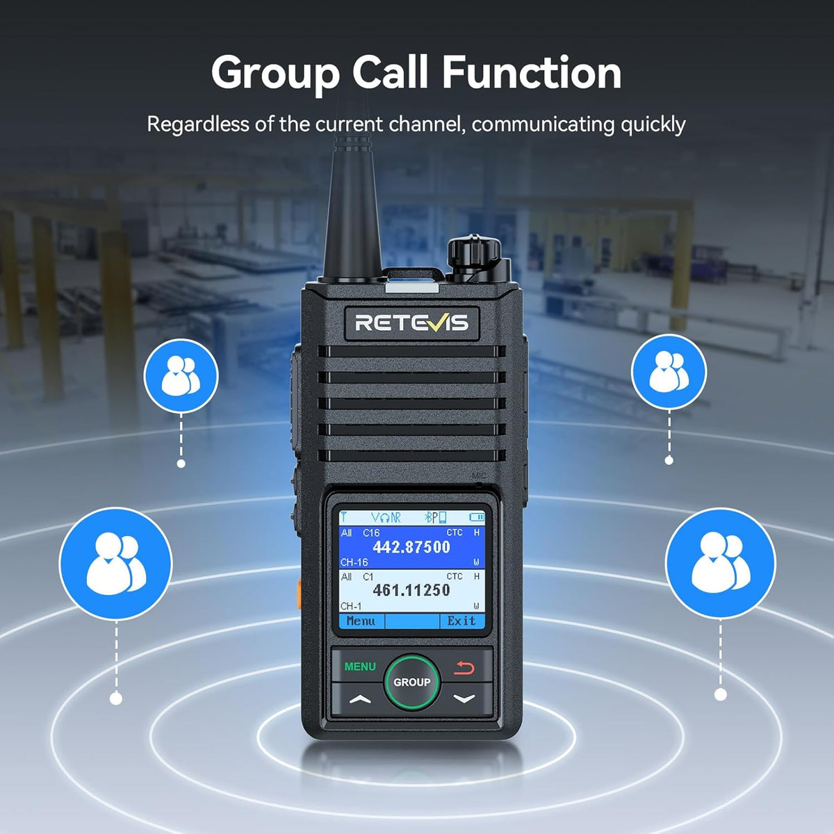 Retevis RB658 Bluetooth Walkie Talkie, Professionele Portofoon, APP-Instellingen, Groepsgesprek, 1800 mAh USB C, IP54, voor de Detailhandel (4-Pack, Zwart)