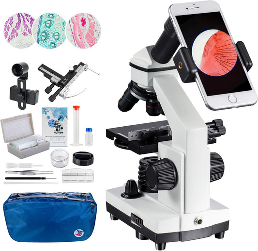 MAXLAPTER 2000 x led-microscoop met beweegbare liniaal – laboratoriumlook met voorbereide en blanco messen – lensadapter