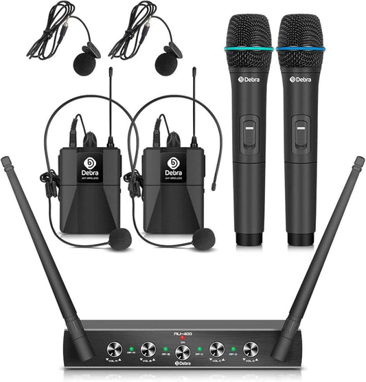 Debra Audio Pro UHF Draadloos 4-Kanaals Microfoonset met Handheld, Lavalier en Headset voor Karaoke en Kerk (A-frequentie)