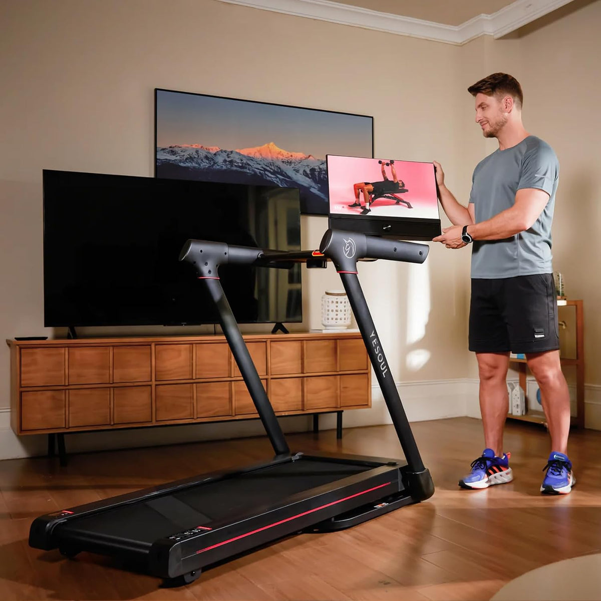 YESOUL T3 Plus Treadmill – 10% Automatic Slope, 21.5 Inch Full HD Touch Display, Swivel Screen, 6W Speaker, Brushless Motor, Foldable, Quiet, App Compatible - QUORE