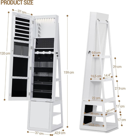 Hzuaneri Jewellery cabinet, with 360° rotating base, lockable mirror in full length, large 4-stage storage compartments, 4-in-1 multifunctional, white and black JC16003B