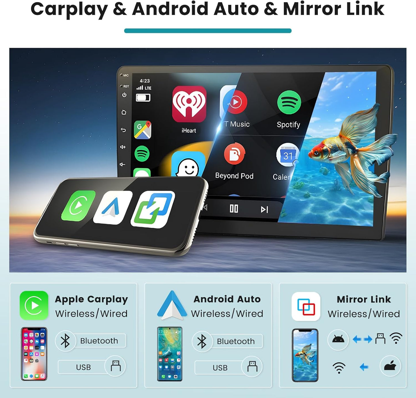 Hikity 2+64GB Car Stereo voor Ford Transit Custom 2013-2017 Draadloze Carplay Android Auto, 9 Inch Touch Screen Bluetooth Stereo met WiFi GPS EQ FM/RDS SWC Achteruitrijcamera
