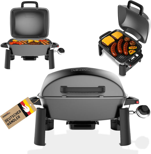 Nexgrill Gas Barbecue, Small and Portable, Up to 300 Degrees, Gas Table Barbecue for Balcony and Camping, Small Grill with Lid, Cast Iron Grate, 3.1 kW Stainless Steel Burner, Piezo Ignition - QUORE