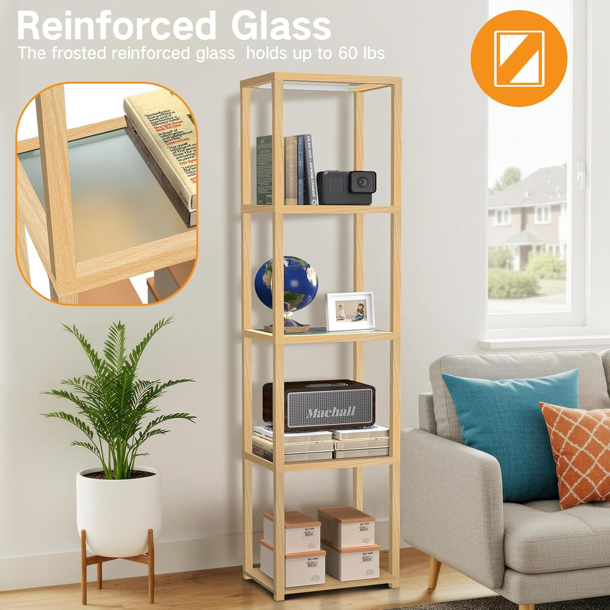 OUTON 170cm Glazen Vitrinekast met Verlichting, Dimbare LED Vloerlamp met Afstandsbediening en App-bediening, Open Boekenkastlamp voor Woonkamer en Slaapkamer, Hout