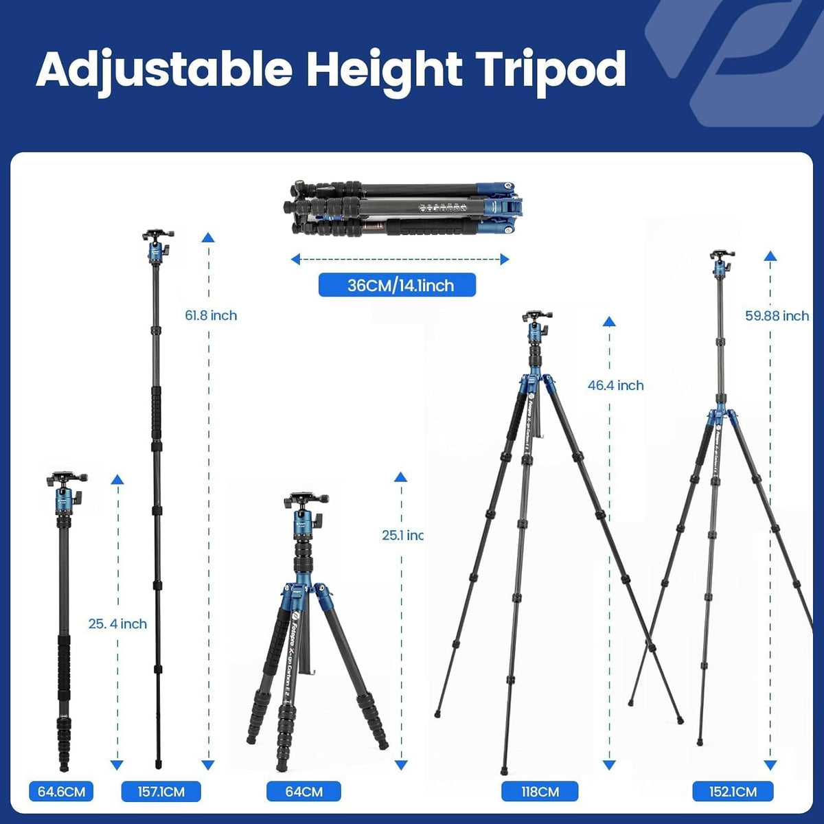 Fotopro 62 inch koolstofvezel reisstatief, compact camerastatief met kogelkop, afneembare monopod met Arca-Swiss snelkoppelingsplaat en tas, belastbaar tot 8 kg/17,63 lbs, blauw