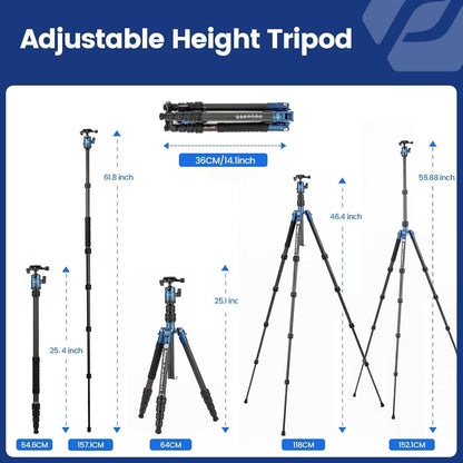 Fotopro 62 inch koolstofvezel reisstatief, compact camerastatief met kogelkop, afneembare monopod met Arca-Swiss snelkoppelingsplaat en tas, belastbaar tot 8 kg/17,63 lbs, blauw