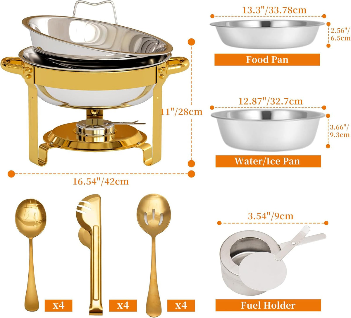 4 stuks gouden ronde schaafschalen voor buffet, 5 QT buffetwarmer-voedselserver met doorzichtig deksel en serveergerei roestvrijstalen voedselverwarmers voor feesten, bruiloften