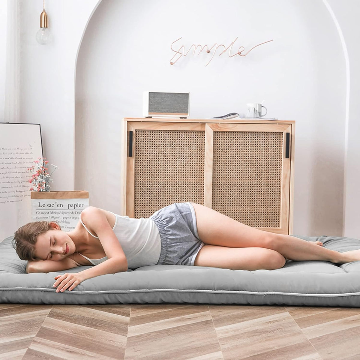 Maxyoyo Japans vloermatras, futon-matras, dikkere tatami-mat, slaapkussen, opvouwbaar, oprolbaar matras, slaapzaal, matras, vloerligstoel, kussen, bed (grijs, tweepersoons)
