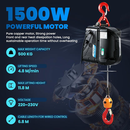 NEWTRY 3 in 1 Elektrische Hijstoestel Lift Kraan 500 KG/1500 LB Draadloze Afstandsbediening 7.6 m/25ft 1500 W Elektrische Lier Overhead Lift met Overbelasting Bescherming (Load 500 KG)