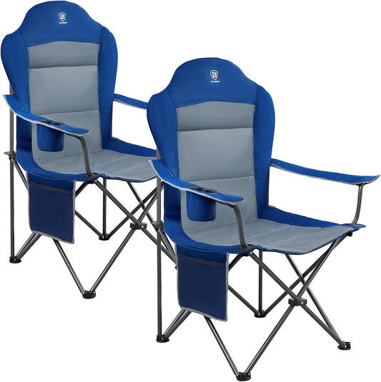 EVER ADVANCED Campingstoelen voor volwassenen set van 2 ondersteunt 160 kg zware mensen klapstoel luxe outdoor met hoge rug en bekerhouder en zijvakken opvouwbare stoel gewatteerd blauw