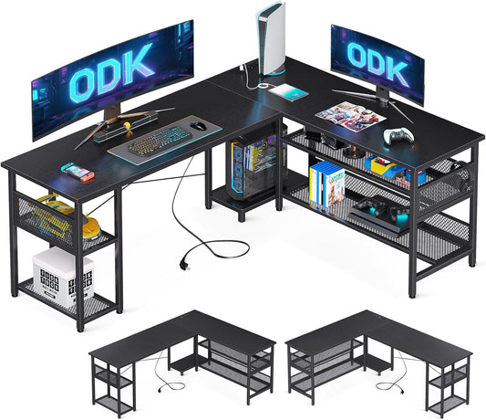 ODK Gaming tafel, L-vorm, omkeerbaar gaming bureau met 2 stopcontacten en 2 USB-laadpoorten, maximale organisatie en opbergruimte, zwart, 168 x 120 cm