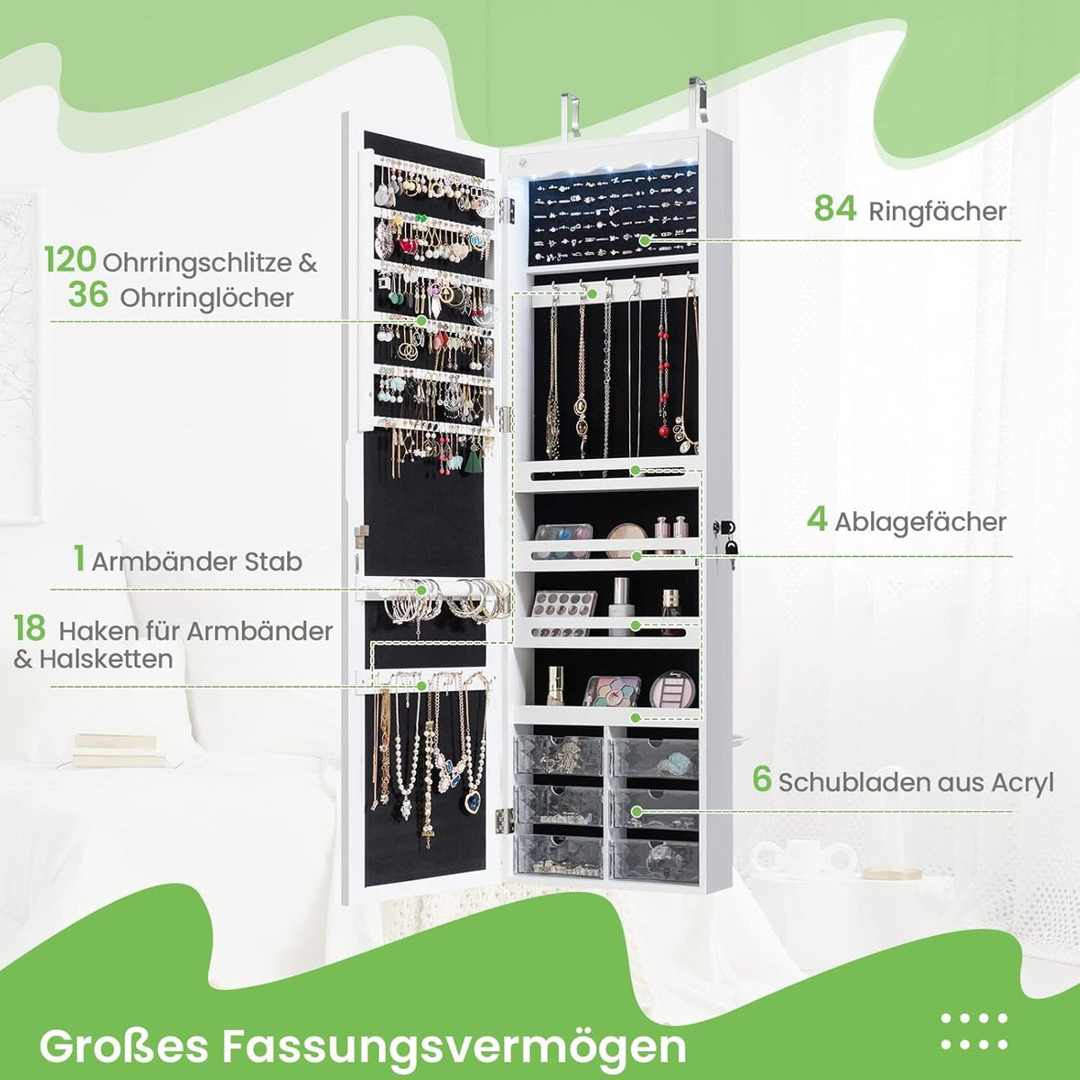 FANTASK Hangende sieradenkast, simpelkast met ledverlichting, spiegel en 6 laden, hangkast voor deur- en wandmontage, sieradenkast voor het opbergen van sieraden en cosmetica, wit
