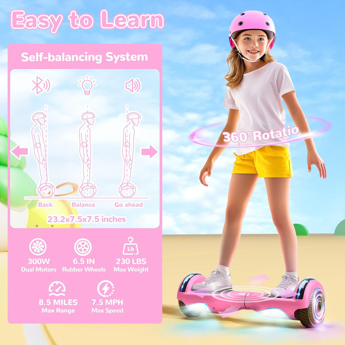 Hoverboard, zelfbalancerende scooter, 6,5 inch, twee wielen, zelfbalancerend, hoverboard met bluetooth-luidspreker en ledverlichting, cadeau voor kinderen