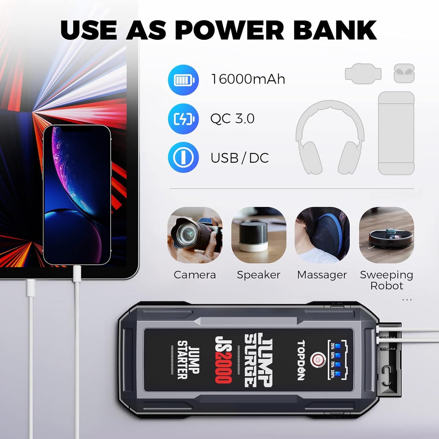 Auto Noodstarter – Jumpstarter – Starthulp – Startbooster – Accubooster – 12V – 2000A Piekstroom – 16000mAh Powerbank