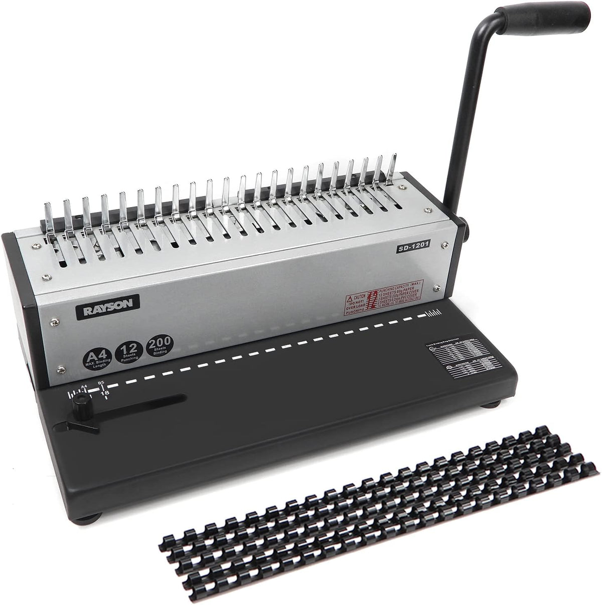 RAYSON SD-1201 Plastic kambindmachine, 21 gaten, perforeert 12 A4-bladzijden, bindt tot 200 pagina’s