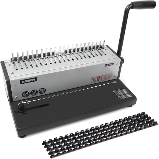 RAYSON SD-1201 Plastic kambindmachine, 21 gaten, perforeert 12 A4-bladzijden, bindt tot 200 pagina’s