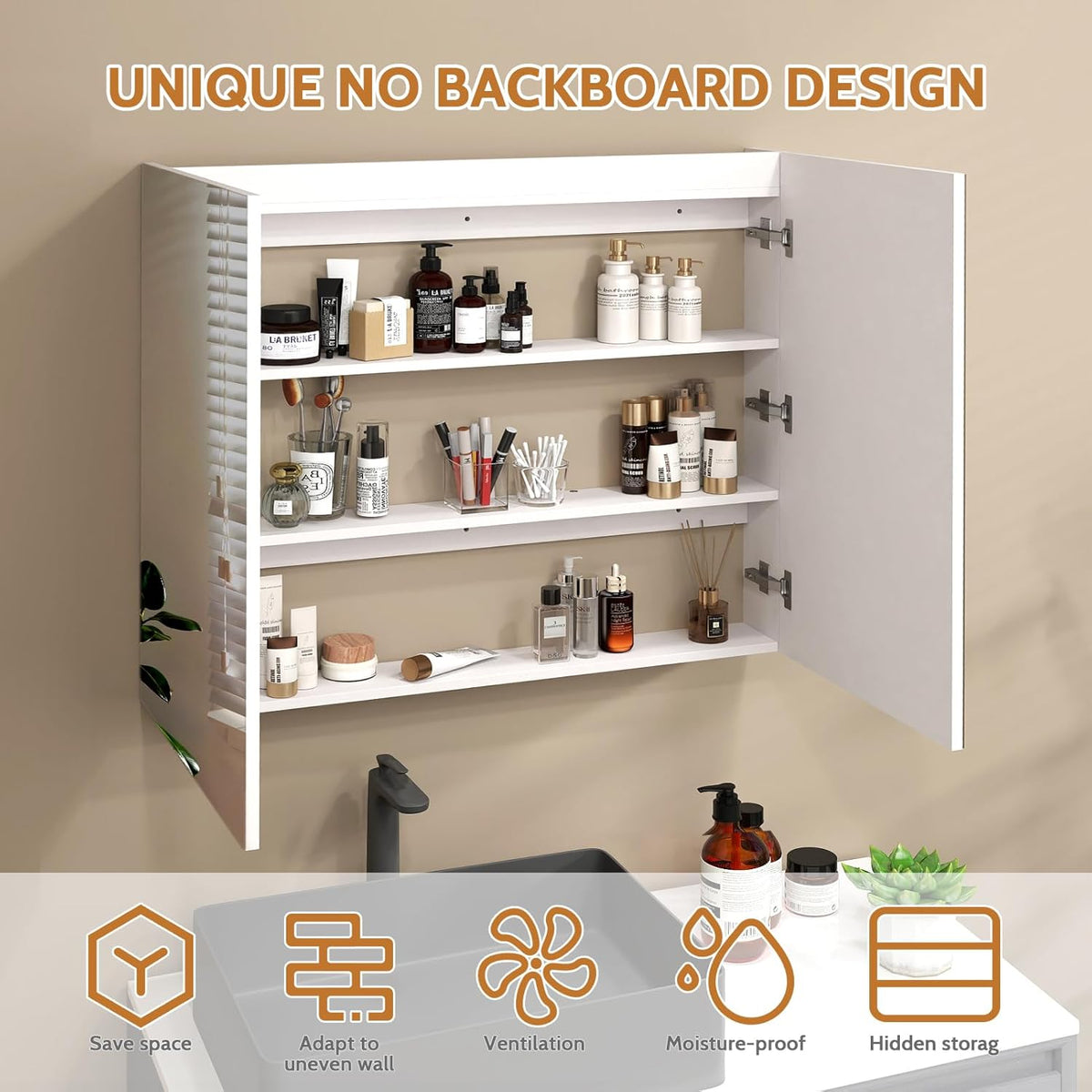 Badkamerkast – Wandkast – Spiegelkast – Medicijnkast – Opbergkast – Dubbele Spiegeldeuren – Extra Groot 90x80x13 cm – Wit Minimalistisch Design