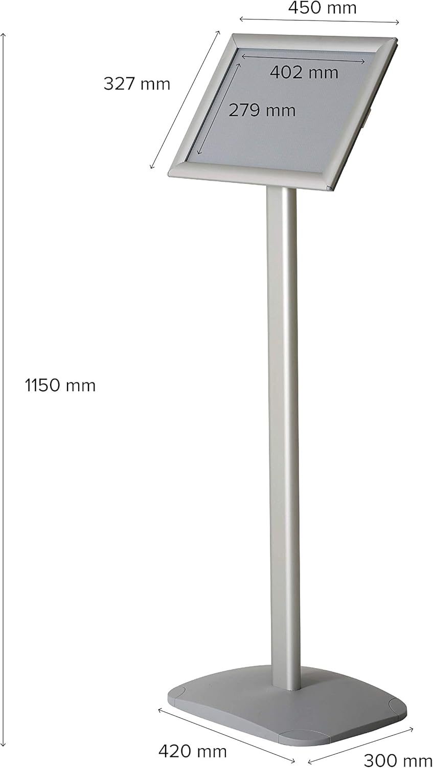 Menubord DIN A3 – Infostandaard – Vloerstandaard – Presentatiestandaard – Posterhouder – Zilverkleurig aluminium premium design – 120 cm totale hoogte, staand en liggend gebruik
